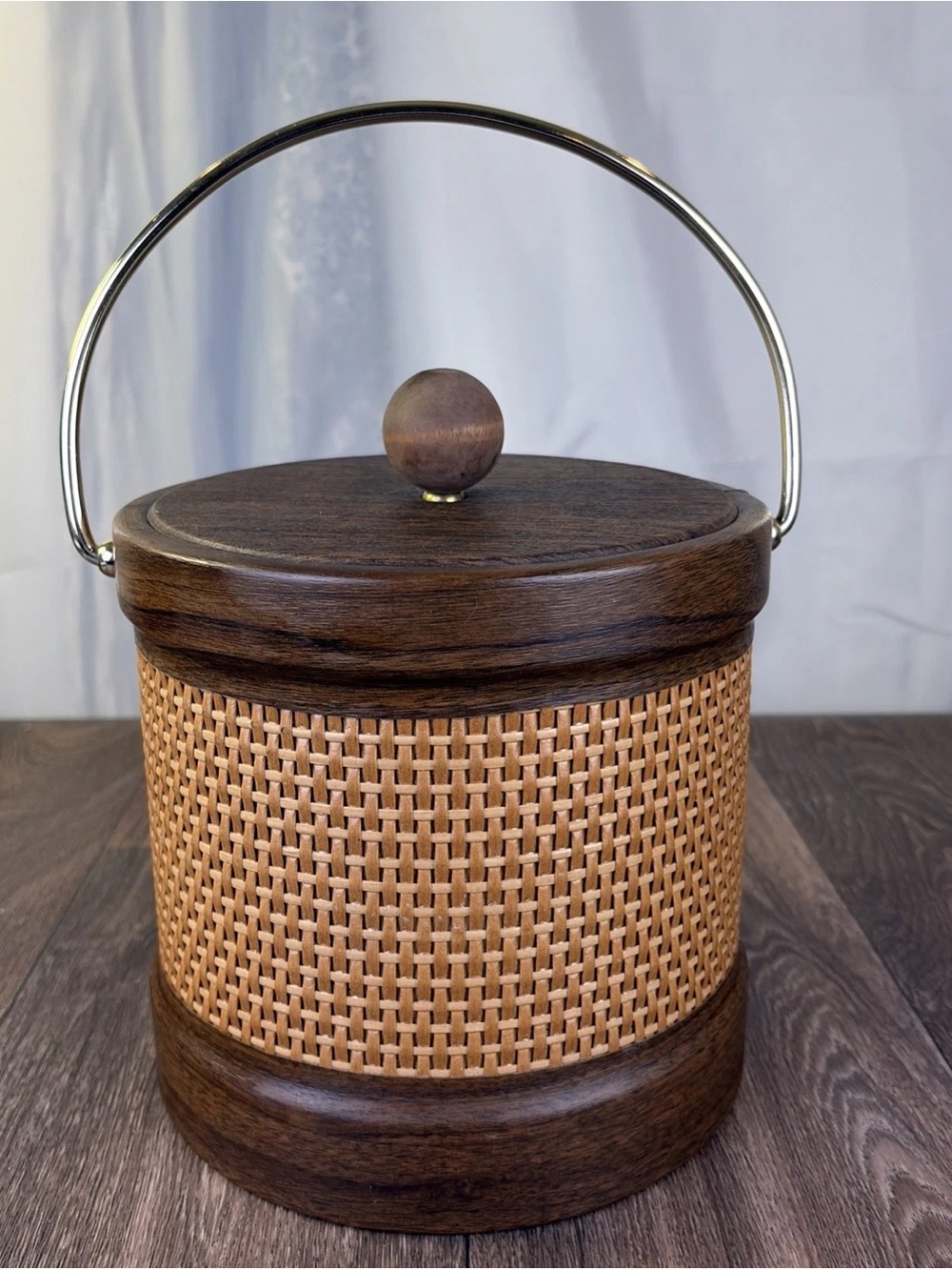 Vintage Kraftware Samoa Wicker Insulated Ice Bucket with Wood Like Finish